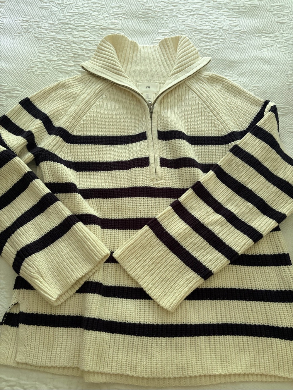 Cream and Black Striped Half-Zip Sweater